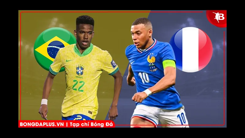 Cầu thủ Brazil với cầu thủ Pháp đang tranh chấp bóng